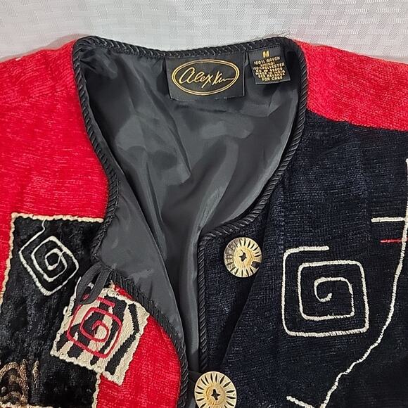 Alex Kim Women’s Medium Cardigan Jacket Red Black Velour Look Patchwork - Picture 9 of 9